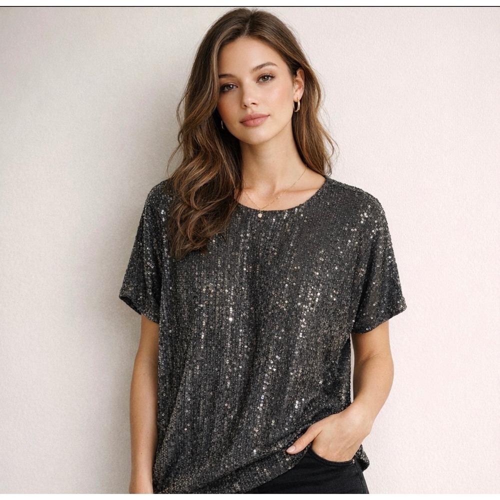 Like Love of Life Black Sequin Short Sleeve Bubble Hem Top Medium, goth, Y2K NWT